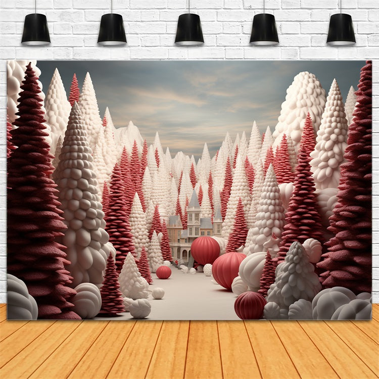 Toile de fond Chemin de forêt serein arbres de Noël rouges BRP10-25