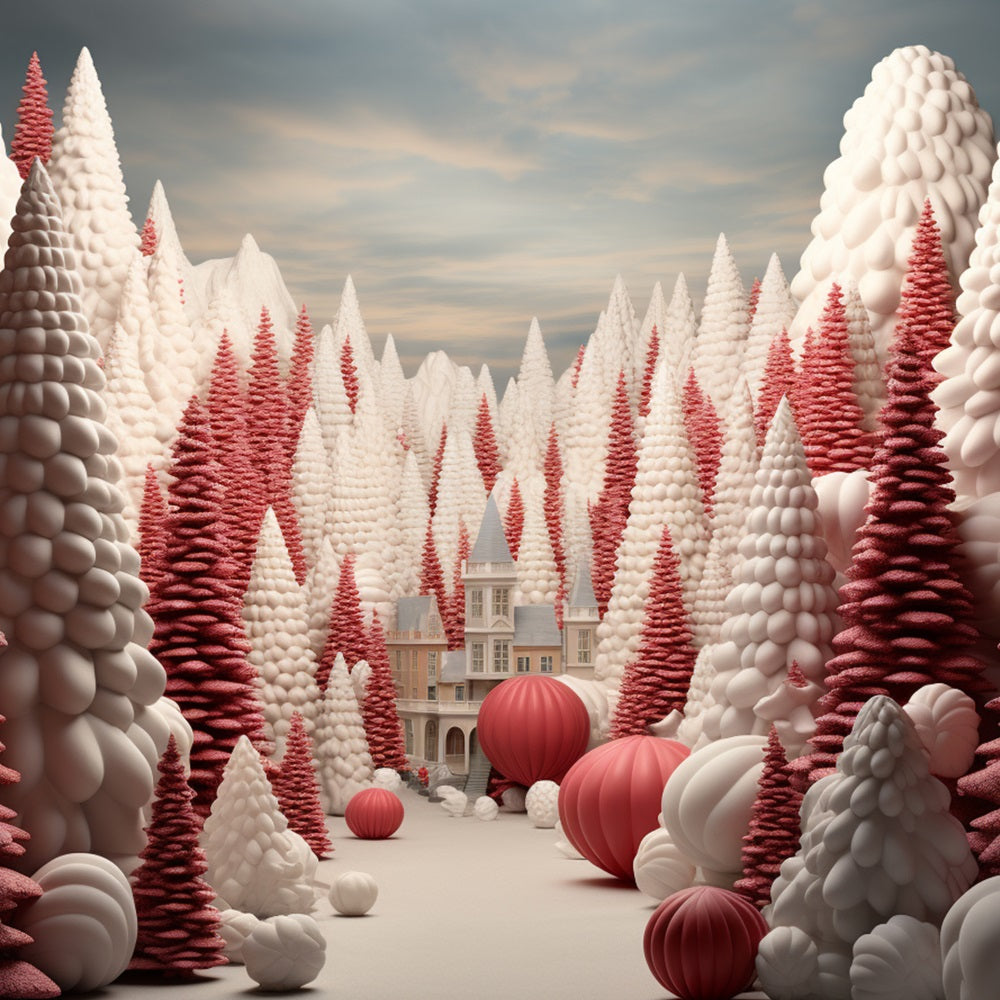 Toile de fond Chemin de forêt serein arbres de Noël rouges BRP10-25