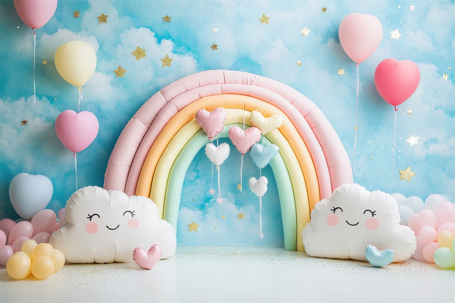 Toile de Fond Anniversaire Fête Nuages Ballons Arc-en-Ciel BRP10-321
