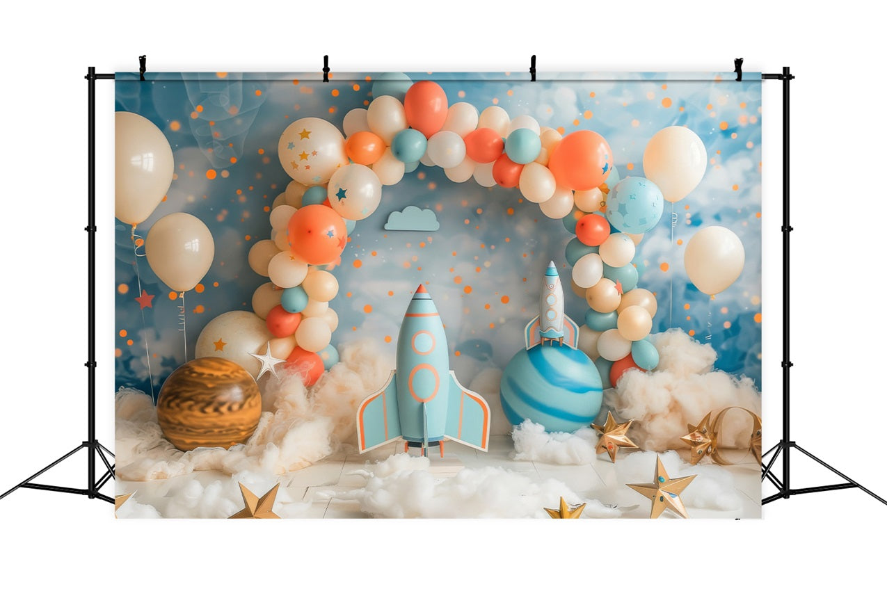Toile de Fond Joyeux Anniversaire Ballon Arc Fusée Spatiale BRP10-331