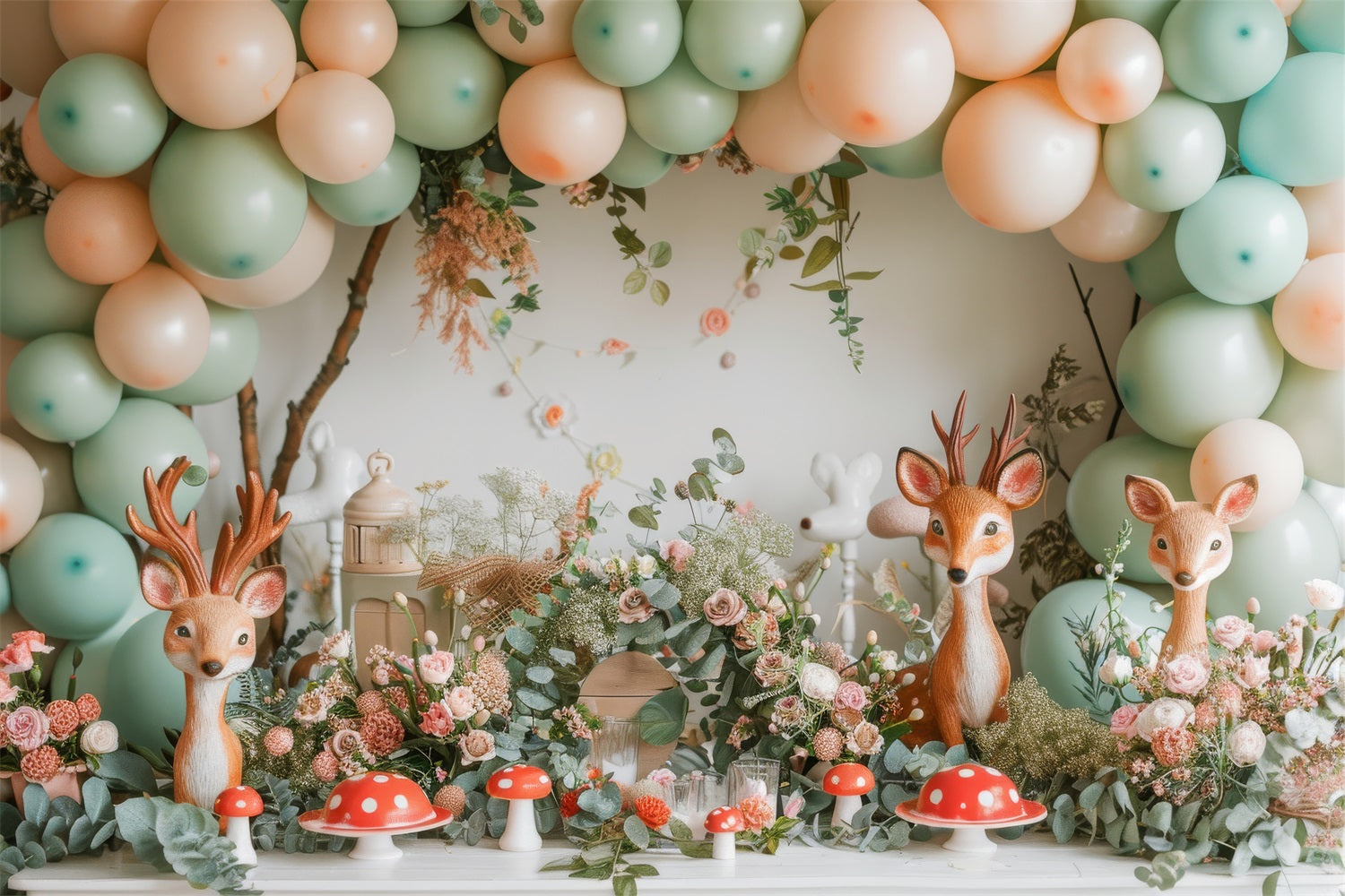 Toile de Fond Joyeux Anniversaire Cerf Ballon Champignon BRP10-343