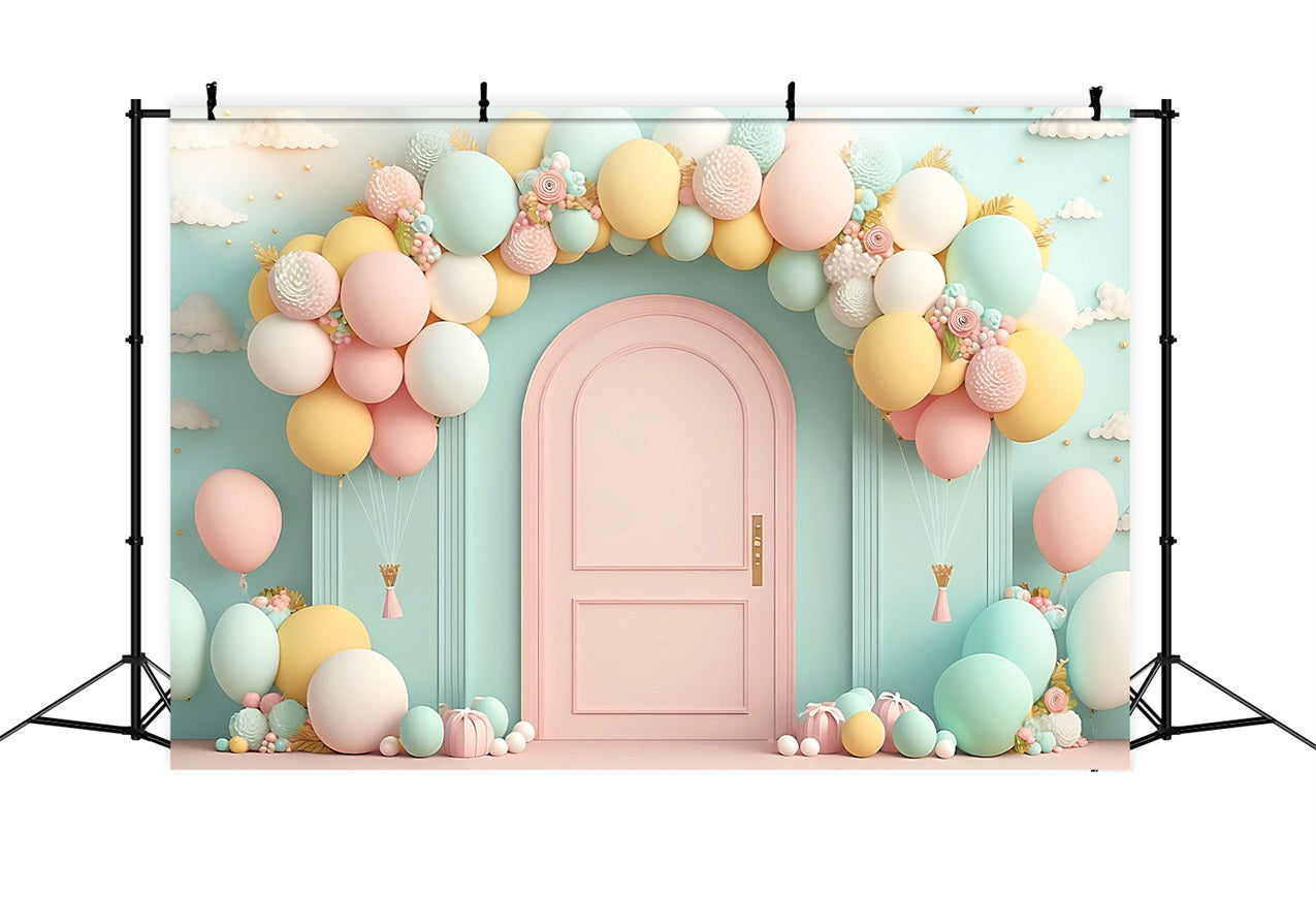 Toile de Fond Joyeux Anniversaire Arc de Ballons Porte Rose BRP10-347