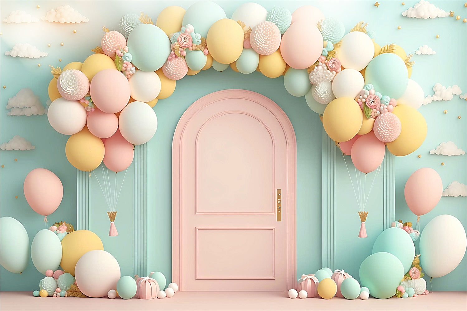 Toile de Fond Joyeux Anniversaire Arc de Ballons Porte Rose BRP10-347