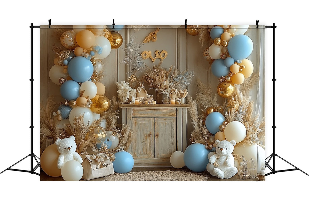 Toile de Fond Joyeux Anniversaire Ballons Pampas Ourson BRP10-354