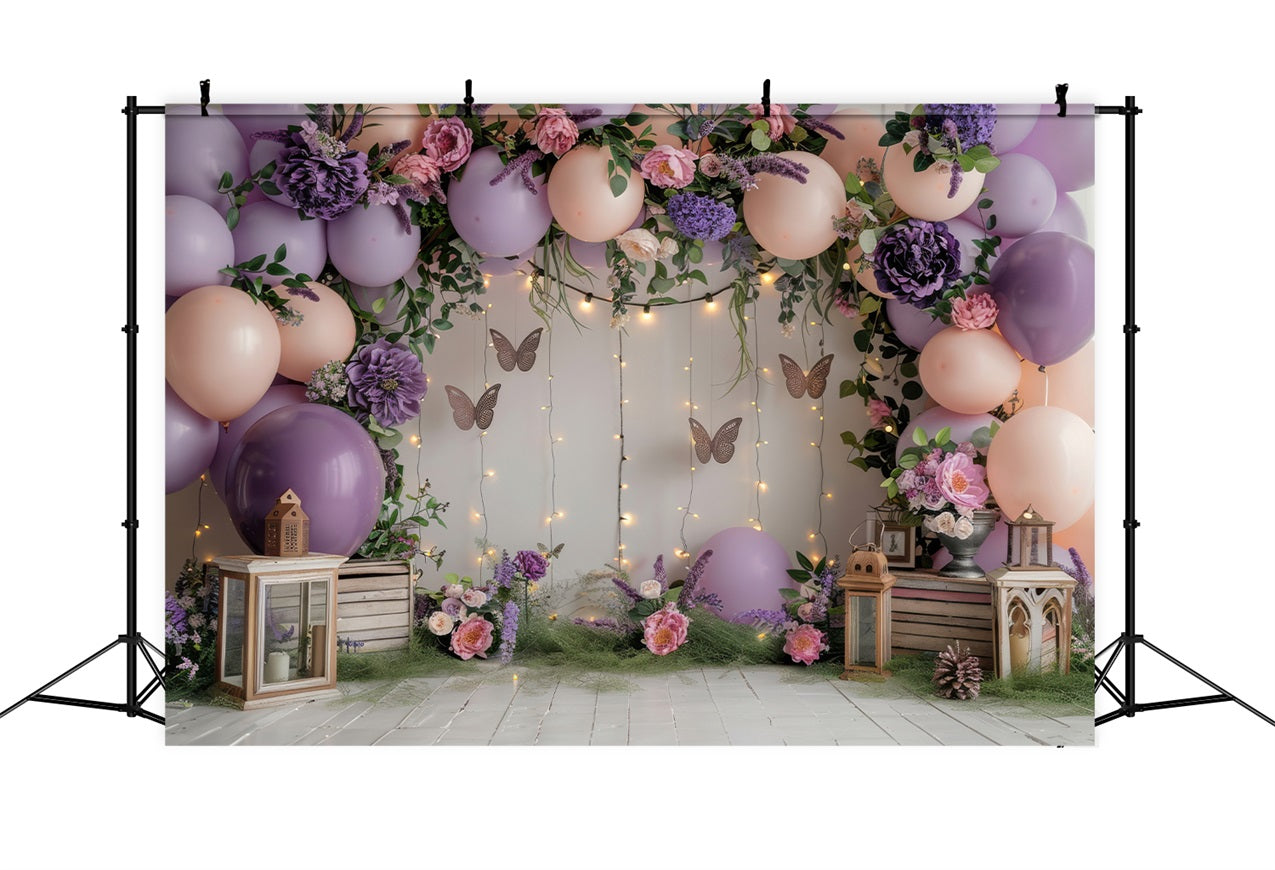 Toile de Fond Joyeux Anniversaire Ballons Roses Papillon Fleurs BRP10-355