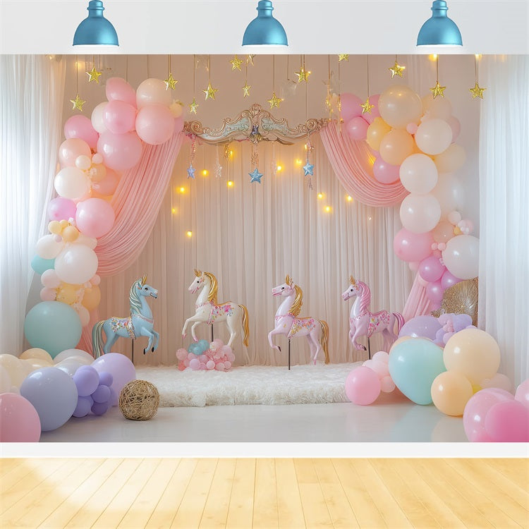 Toile de Fond Anniversaire Design Licorne Ballons Carrousel BRP10-357