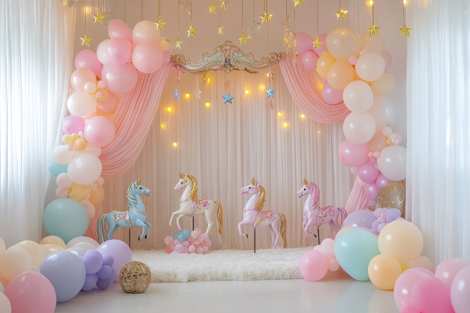 Toile de Fond Anniversaire Design Licorne Ballons Carrousel BRP10-357