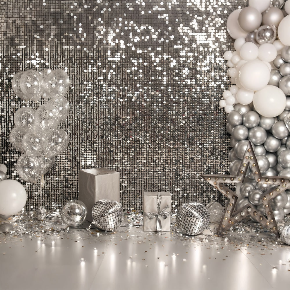 Toile de Fond Anniversaire Ballons Bouquet Argent Étoile BRP10-384
