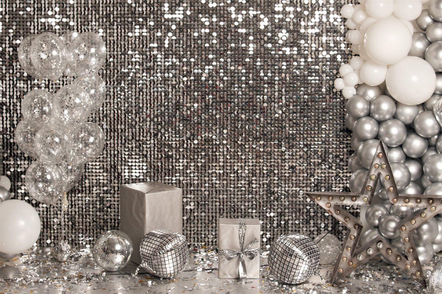 Toile de Fond Anniversaire Ballons Bouquet Argent Étoile BRP10-384