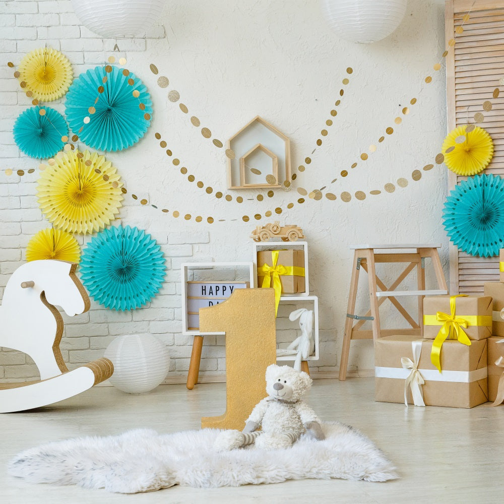 Toile de Fond Joyeux Anniversaire 1er Cheval à Bascule Cadeaux BRP10-386