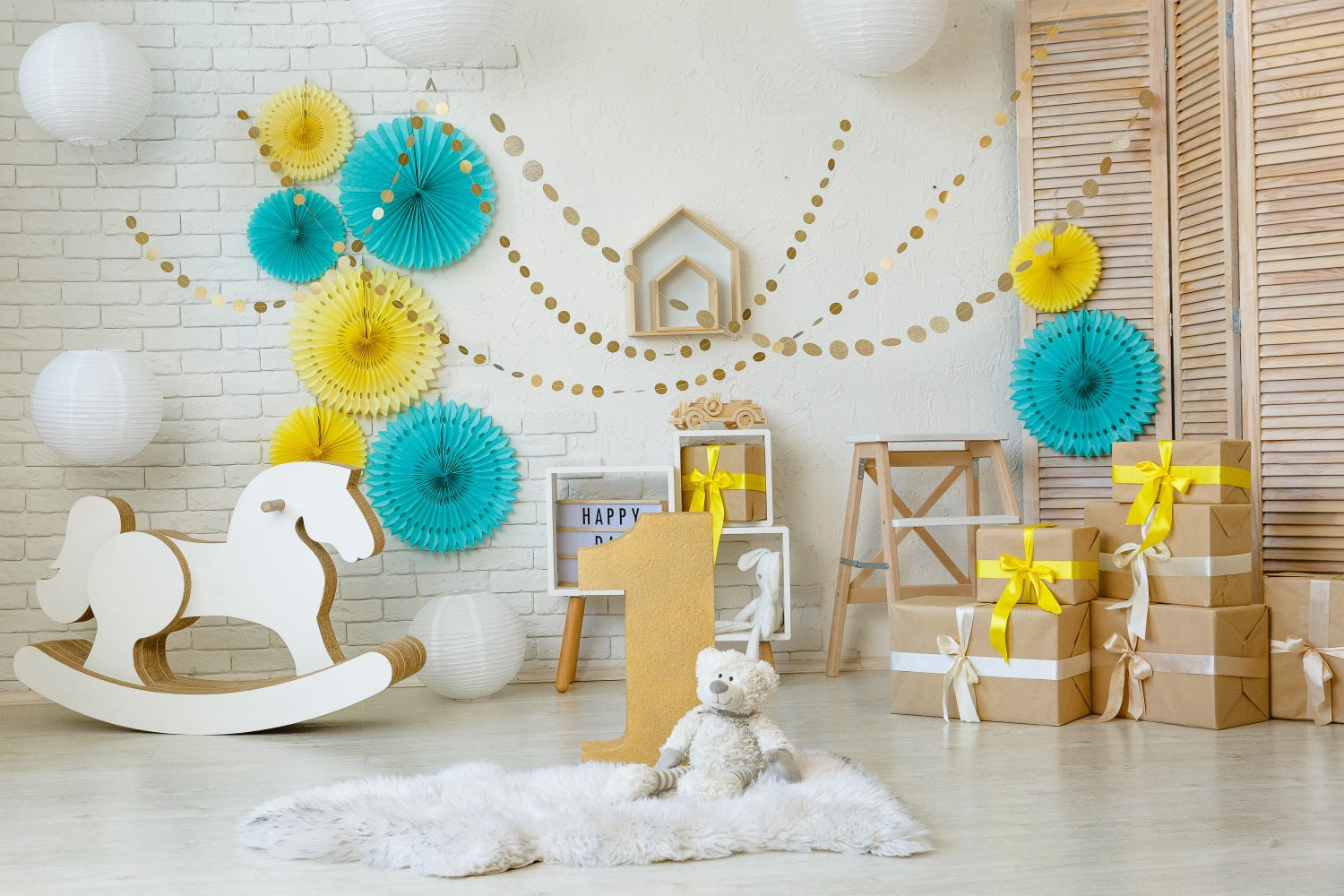 Toile de Fond Joyeux Anniversaire 1er Cheval à Bascule Cadeaux BRP10-386