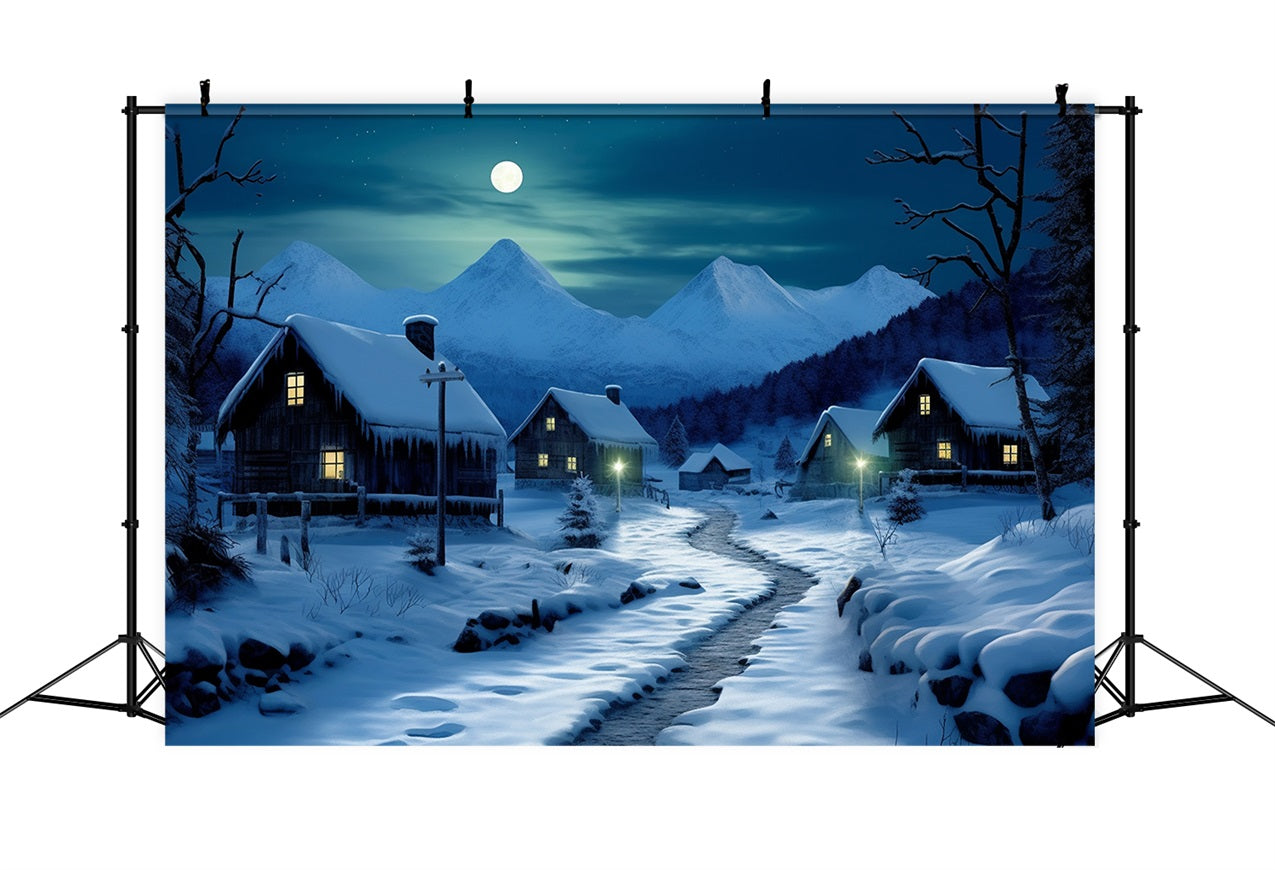 Toile de fond Route au clair de lune cottages enneigés BRP10-39