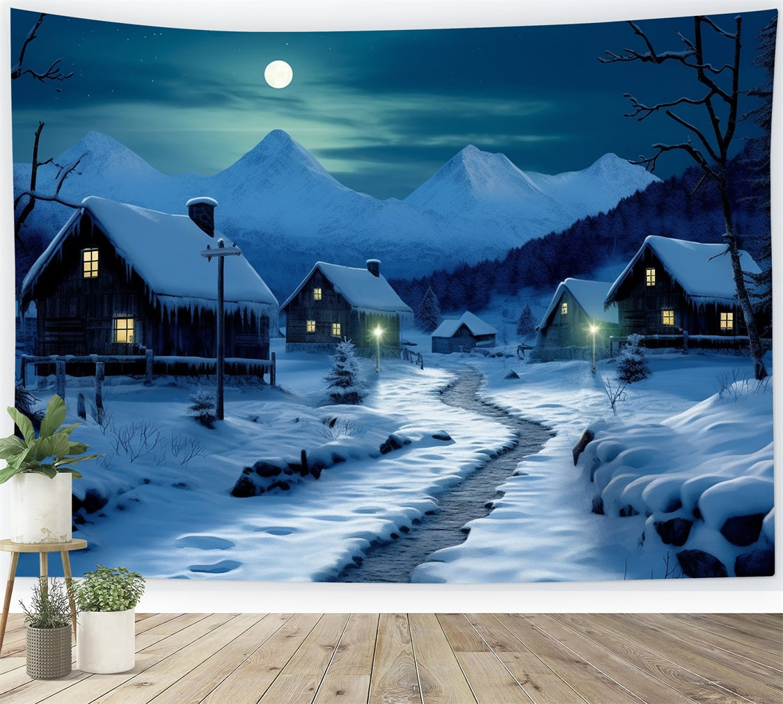Toile de fond Route au clair de lune cottages enneigés BRP10-39