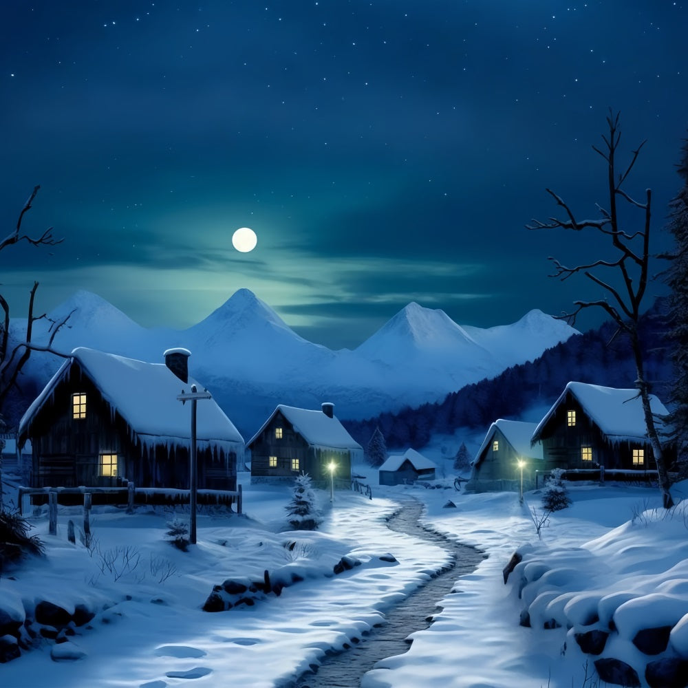 Toile de fond Route au clair de lune cottages enneigés BRP10-39