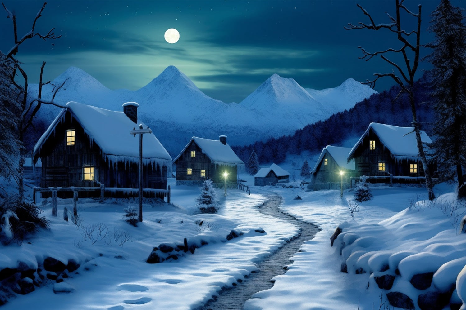 Toile de fond Route au clair de lune cottages enneigés BRP10-39