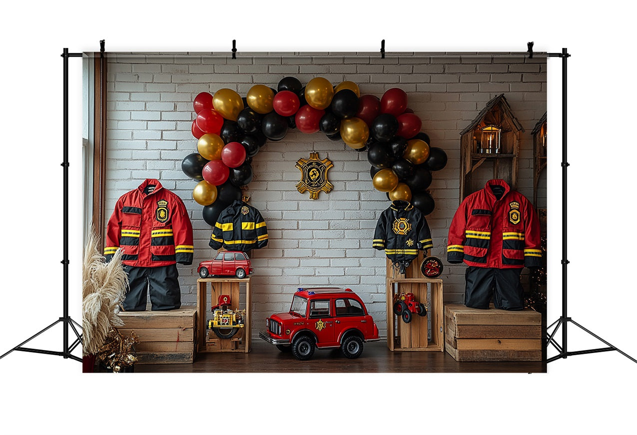 Toile de Fond Anniversaire Fête Pompiers Uniformes Ballons Camion BRP10-403