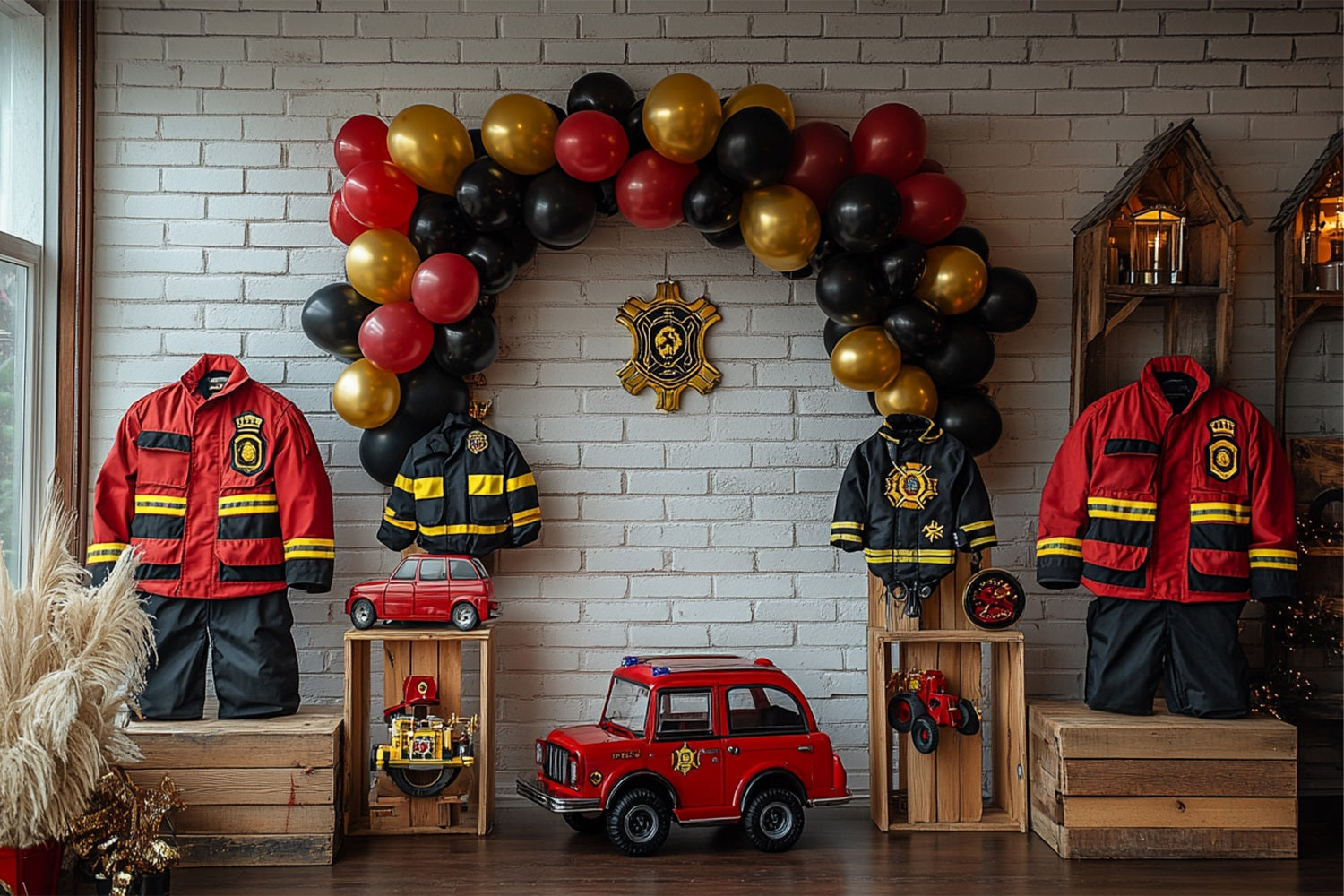 Toile de Fond Anniversaire Fête Pompiers Uniformes Ballons Camion BRP10-403