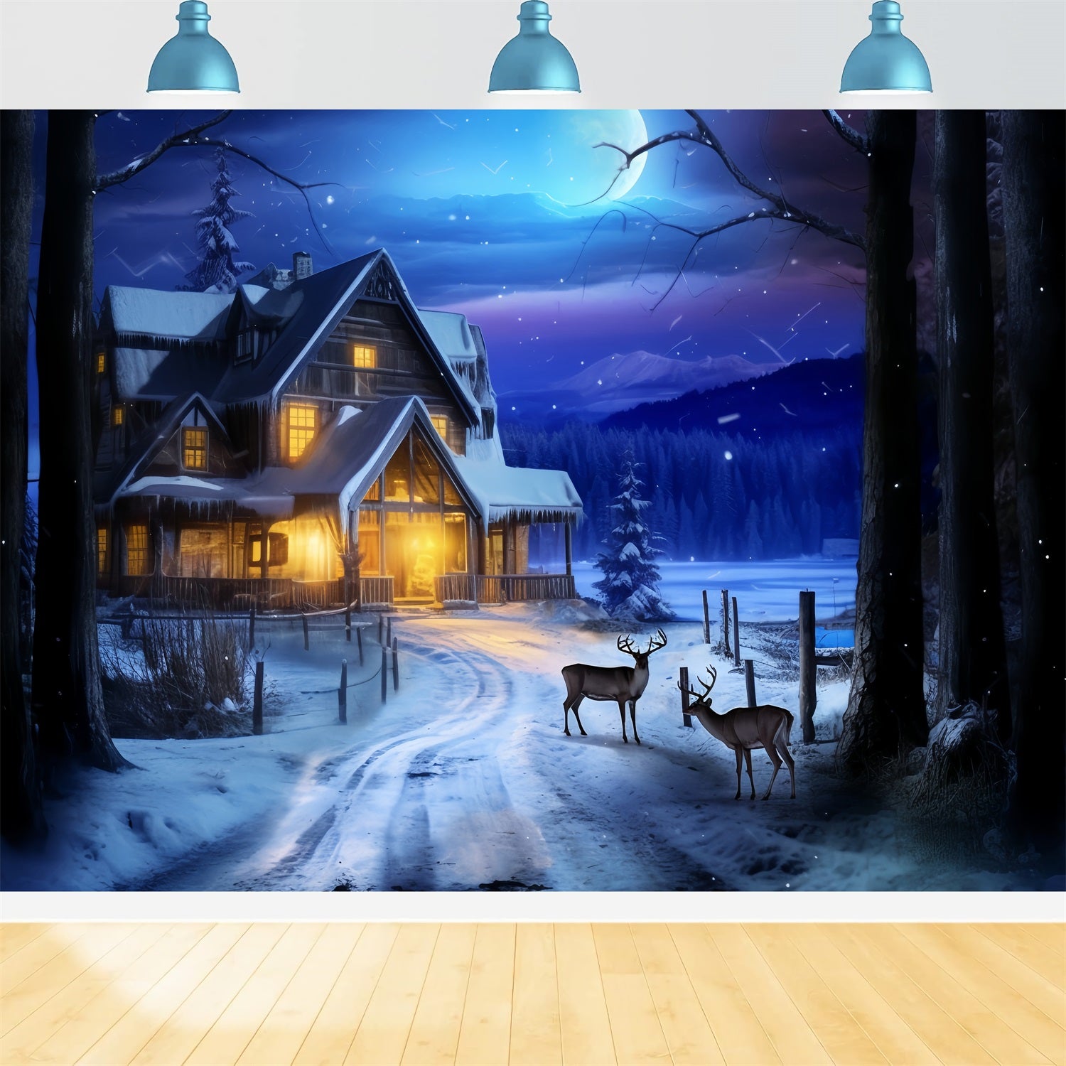 Toile de fond Cabane nocturne cerf sous clair de lune BRP10-41