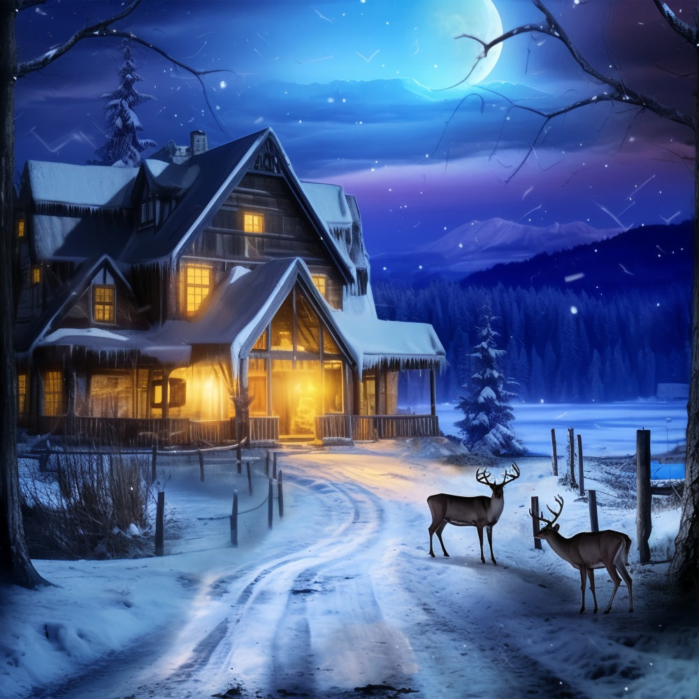 Toile de fond Cabane nocturne cerf sous clair de lune BRP10-41