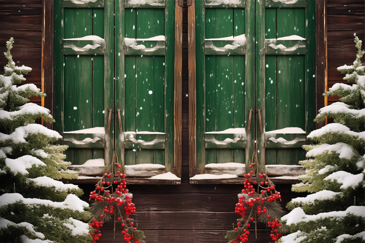 Toile de fond Scène enneigée fenêtre en bois décorée BRP10-43