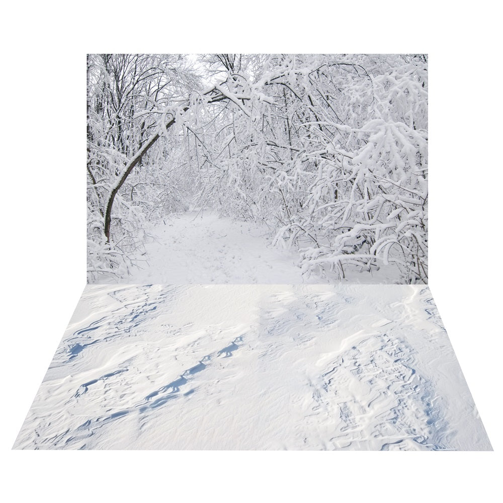 Toile de Fond de Forêt Enneigée Hivernale + Sol avec Empreintes de Neige BRP10-461