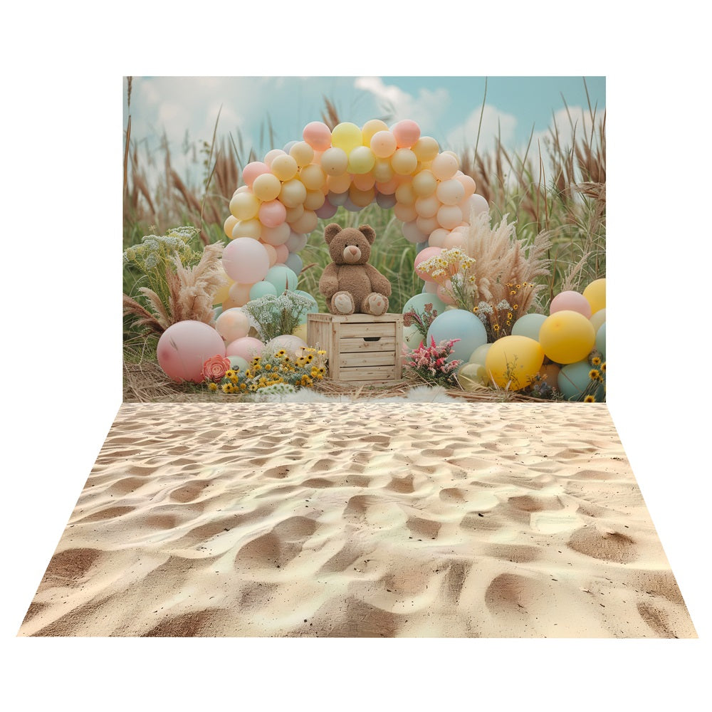 Toile de Fond Boho d'Arche de Ballons avec Ours en Peluche + Sol de Sable Ensoleillé BRP10-472
