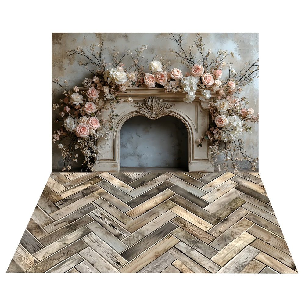 Toile de Fond Boho de Décor de Mantel avec Fleurs + Sol en Bois en Herringbone BRP10-502