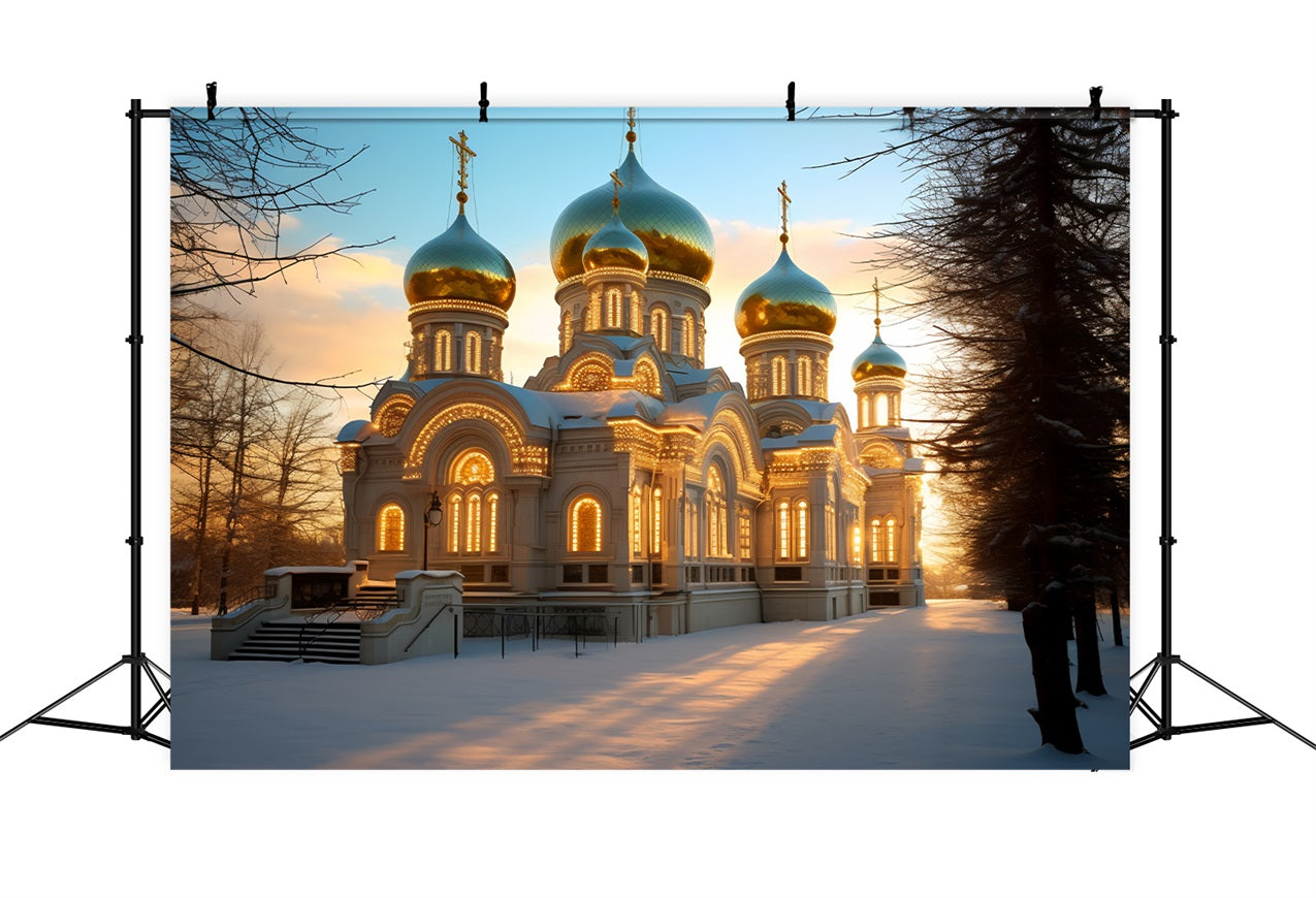 Toile de fond Église illuminée lumière chaleureuse sous la neige BRP10-53