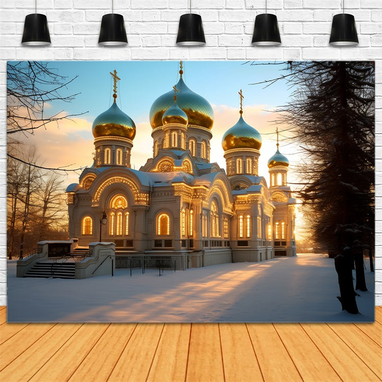Toile de fond Église illuminée lumière chaleureuse sous la neige BRP10-53