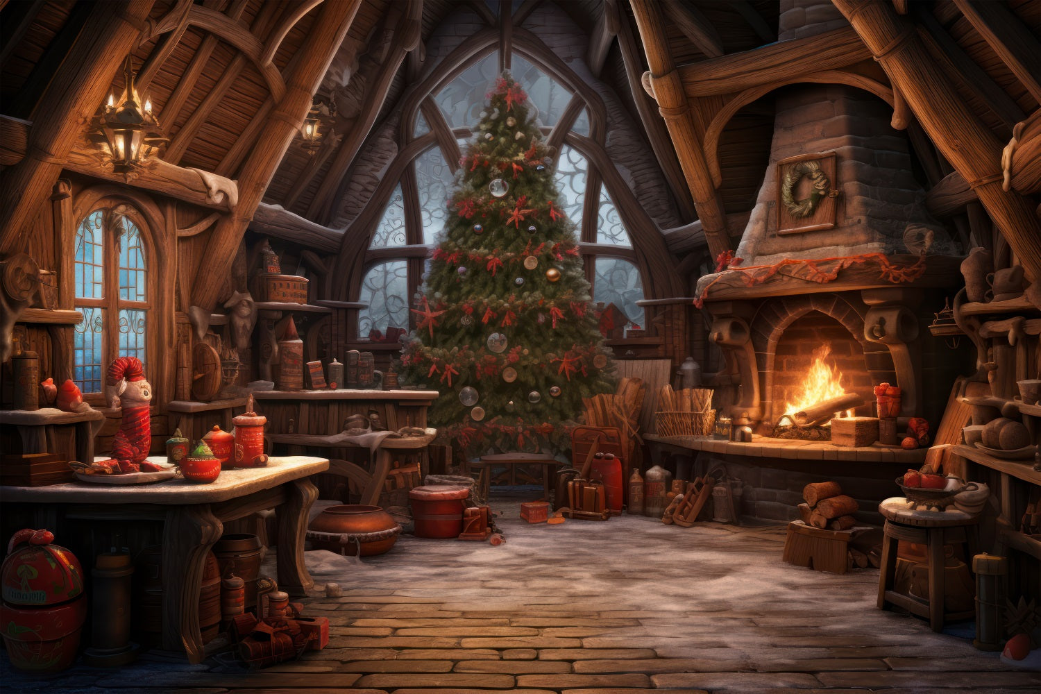 Toile De Fond Noël Atelier Du Père Noël Cheminée Arbre BRP10-614