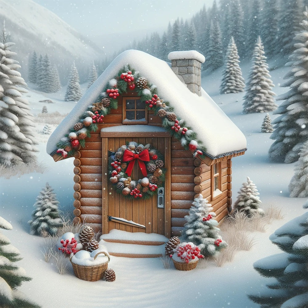 Toile de fond de Noël Cabane Enneigée avec Couronne BRP11-157