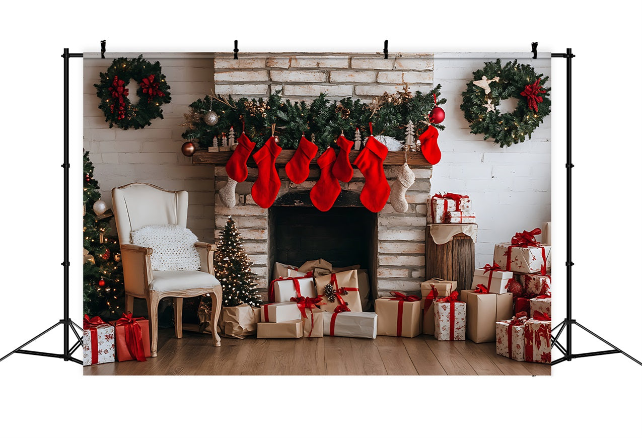 Toile de fond de Noël Cheminée et Chaussettes Décorées BRP11-180