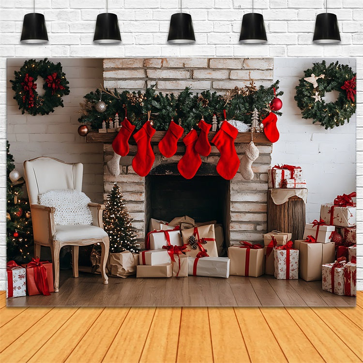 Toile de fond de Noël Cheminée et Chaussettes Décorées BRP11-180