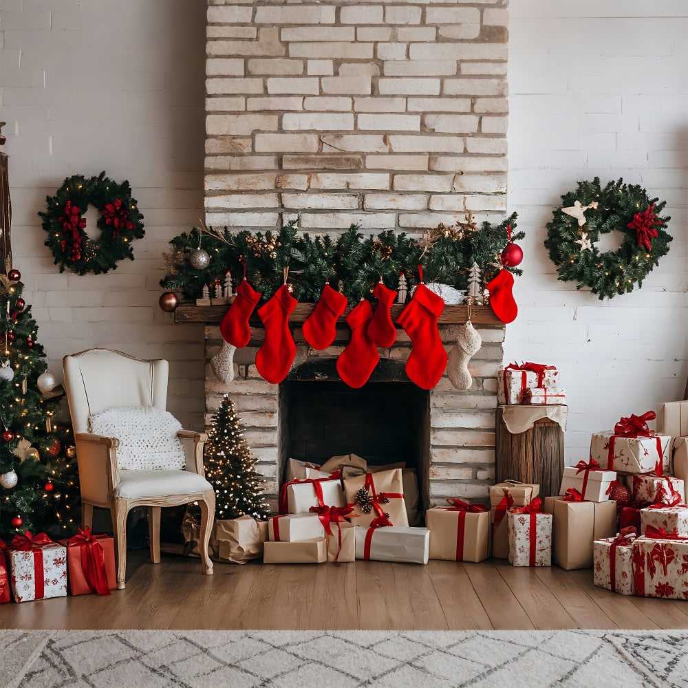 Toile de fond de Noël Cheminée et Chaussettes Décorées BRP11-180