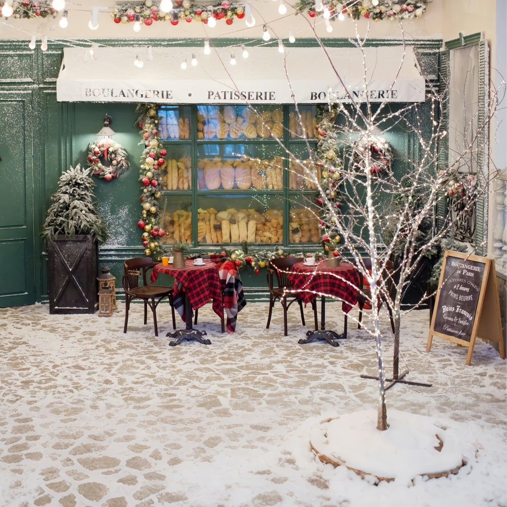 Toile de fond de Noël Arbre Boulangerie Enneigée Lumières BRP11-201