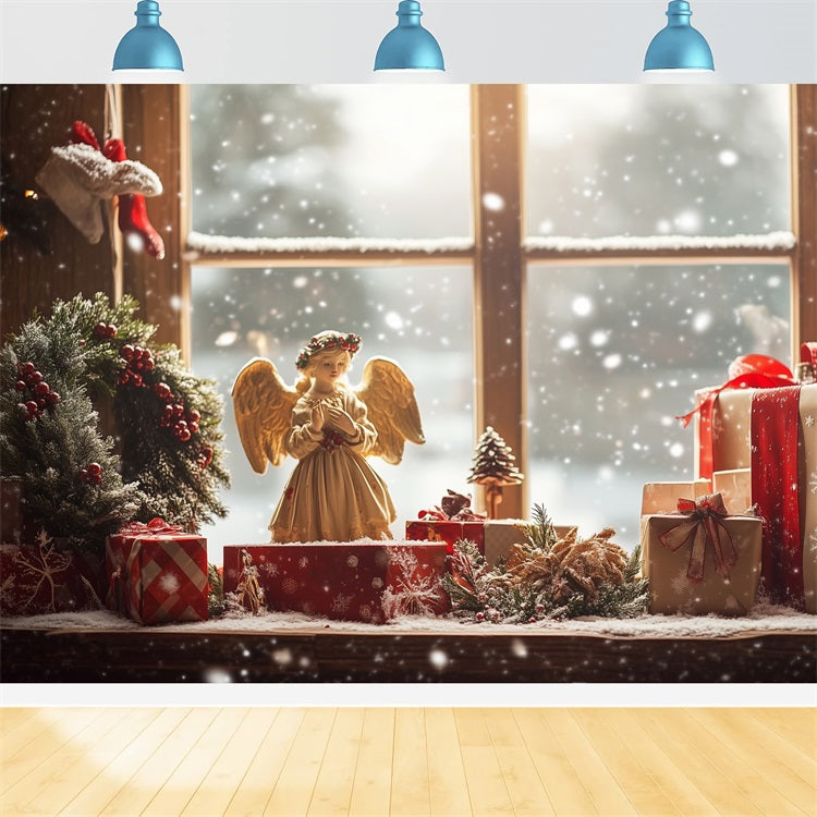 Toile de fond de Noël Ange Fenêtre Flocons Couronne BRP11-203