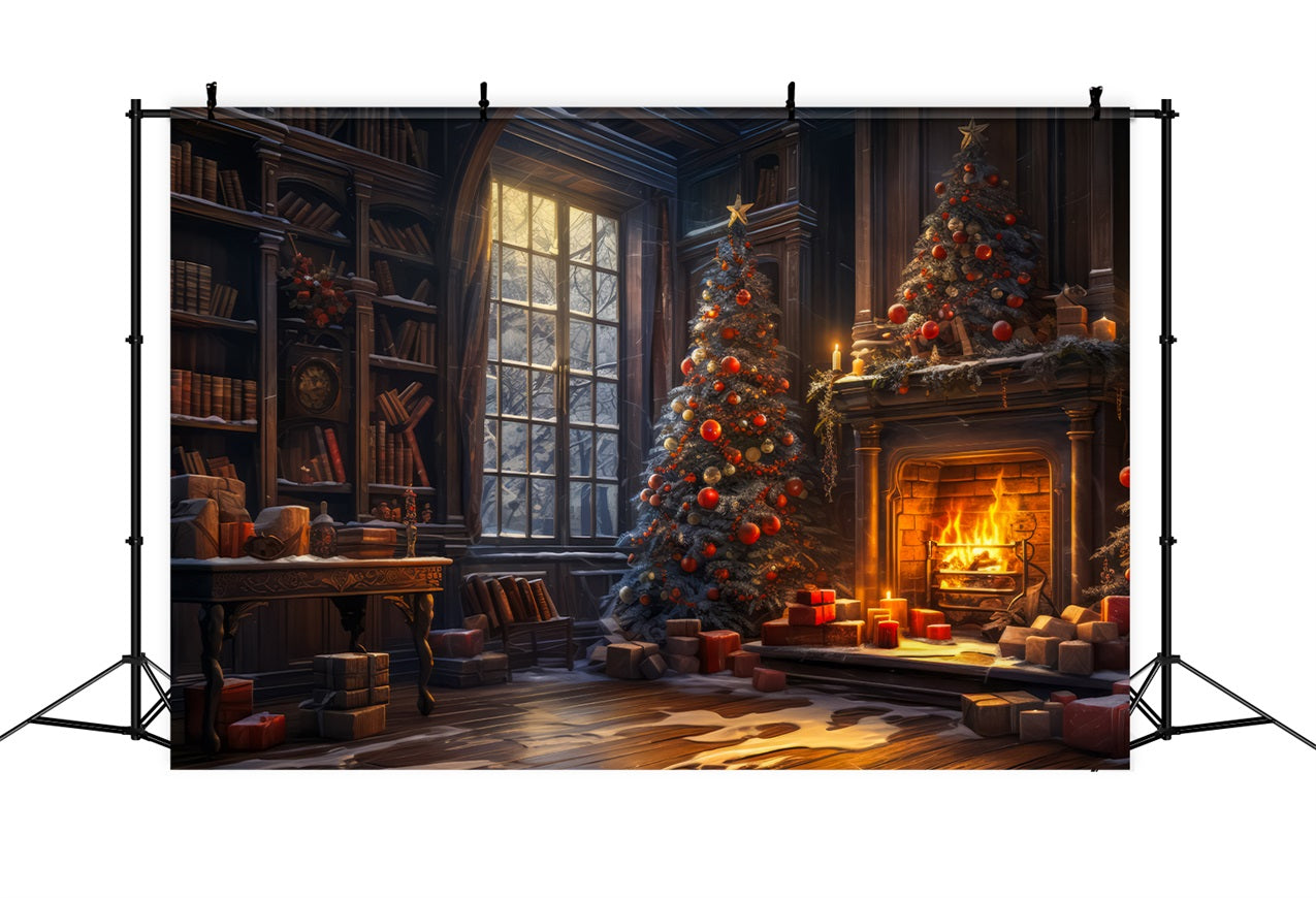 Toile de fond de Noël Cheminée Arbre Bibliothèque Royale BRP11-209