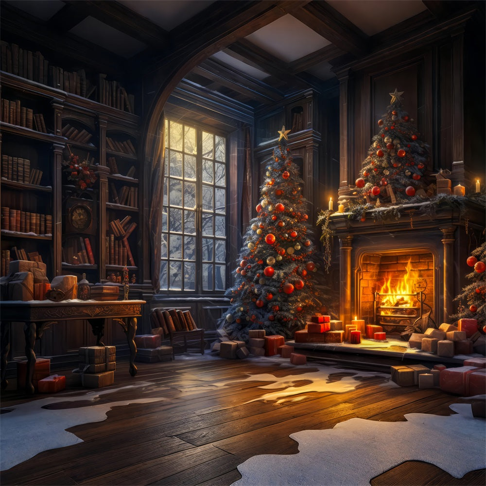 Toile de fond de Noël Cheminée Arbre Bibliothèque Royale BRP11-209