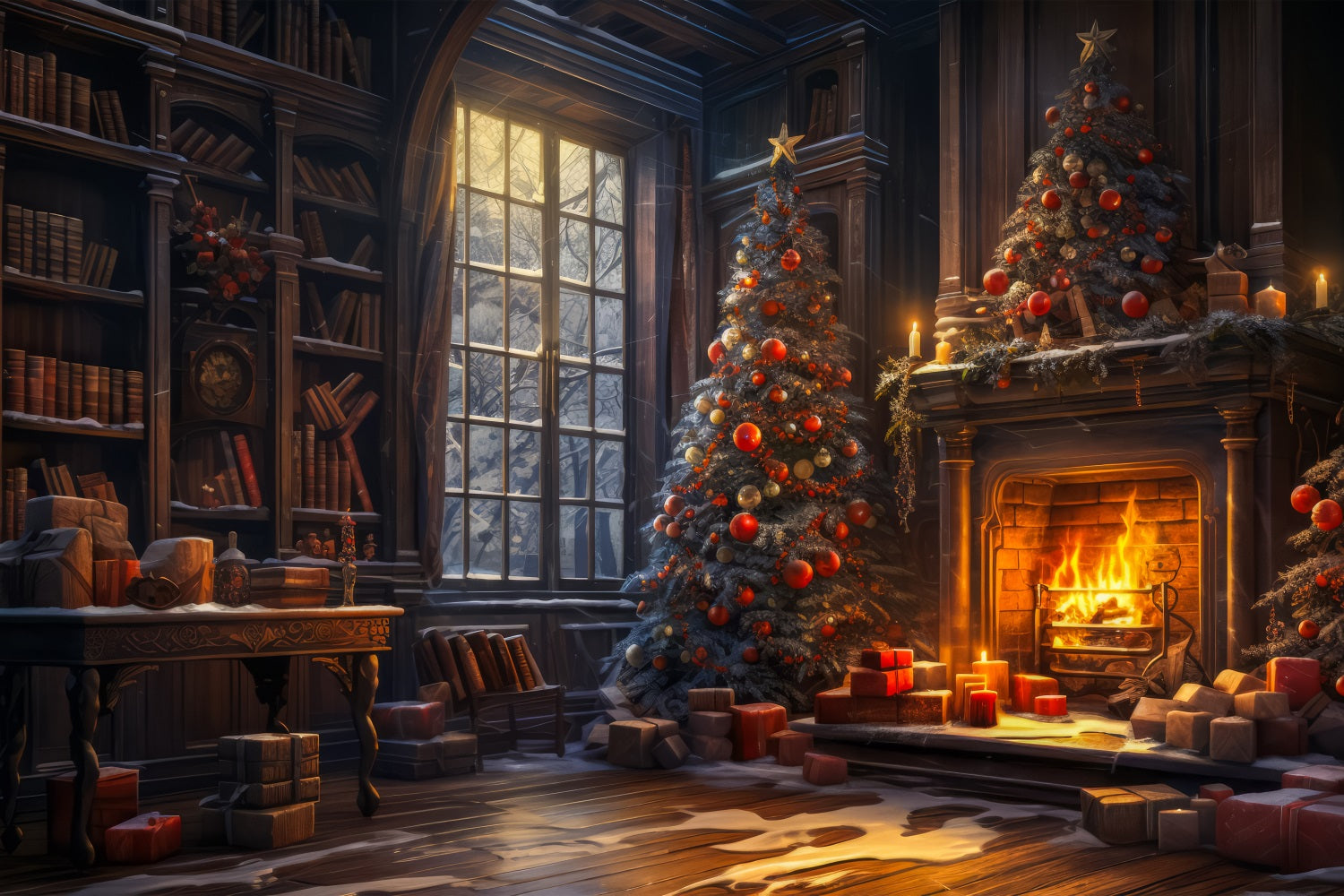 Toile de fond de Noël Cheminée Arbre Bibliothèque Royale BRP11-209