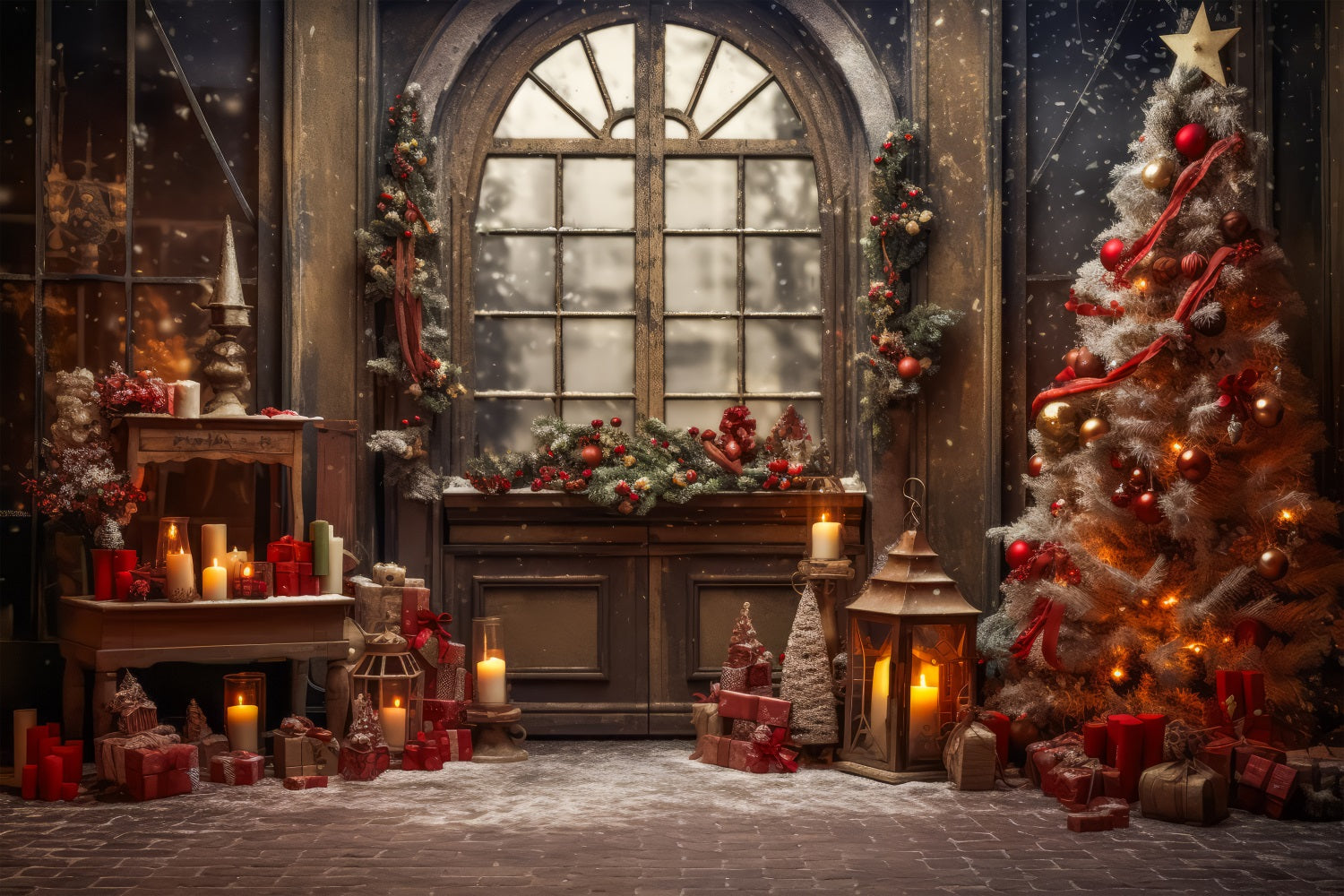 Toile de fond de Noël Fenêtre Couronne Arbre Décor BRP11-210
