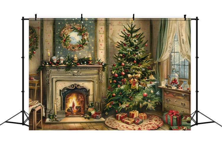 Toile de fond de Noël Cheminée Arbre Scène Couronne BRP11-211