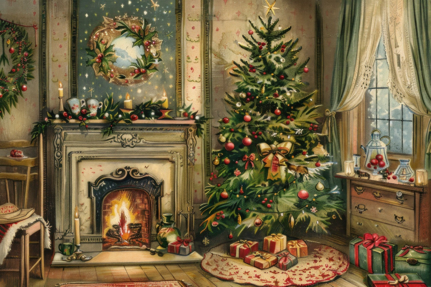 Toile de fond de Noël Cheminée Arbre Scène Couronne BRP11-211
