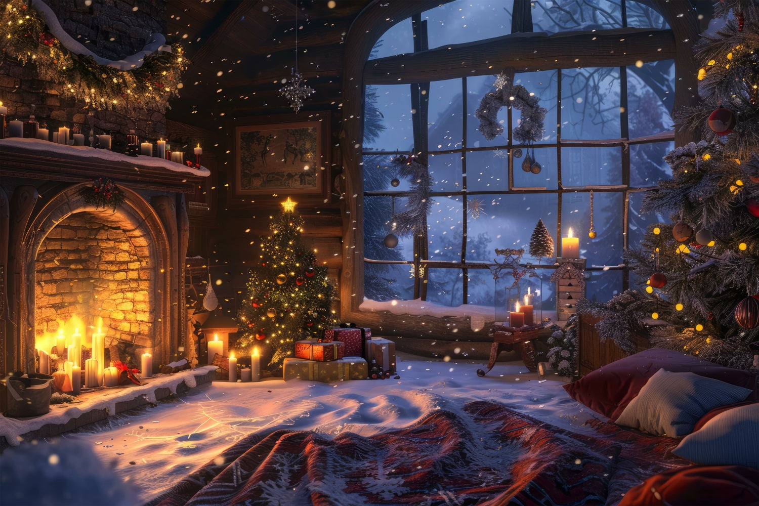 Toile de fond de Noël Cheminée Fenêtre Hivernale Bougies BRP11-213
