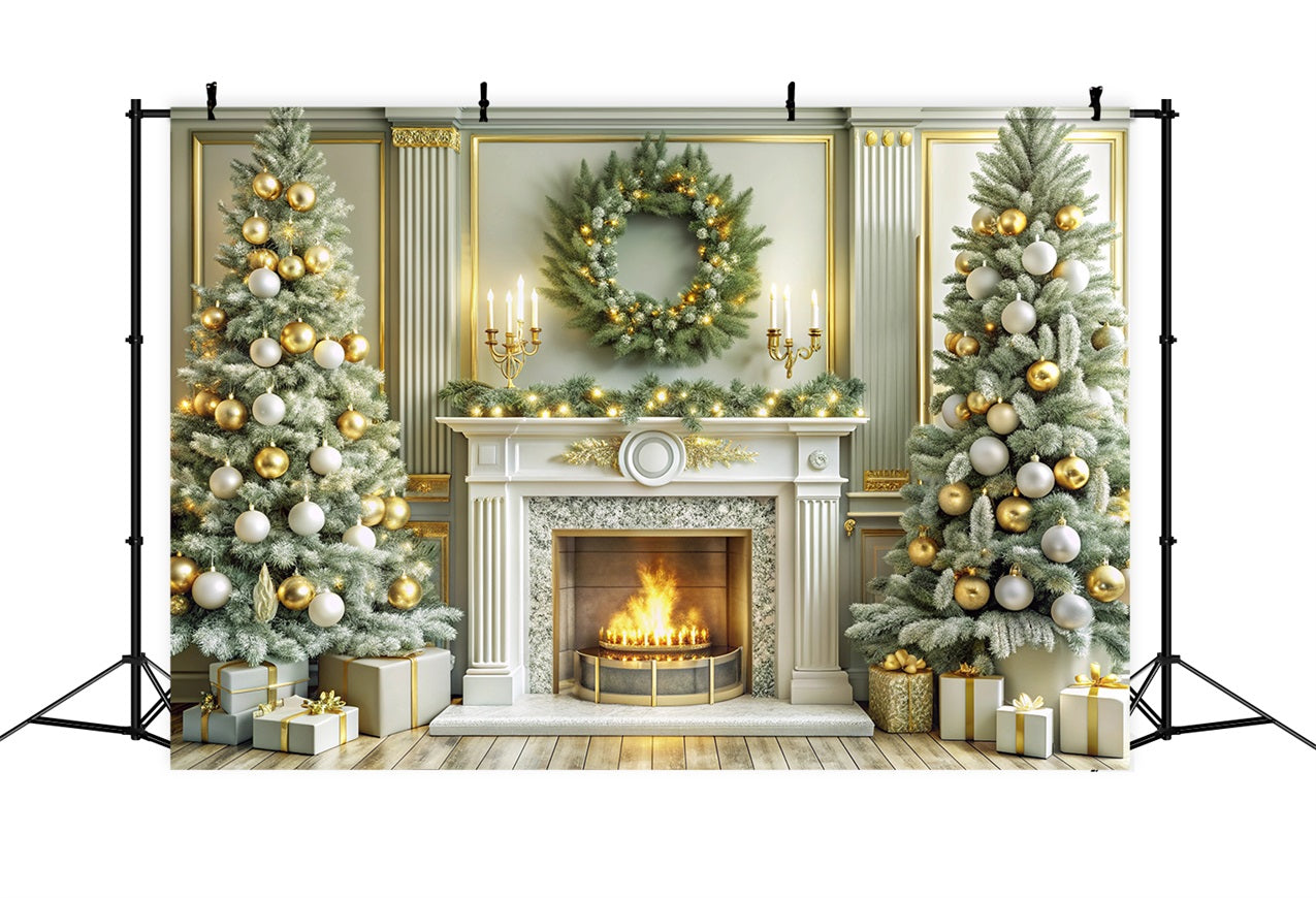 Toile de fond de Noël Cheminée Arbres Dorés Festifs BRP11-214