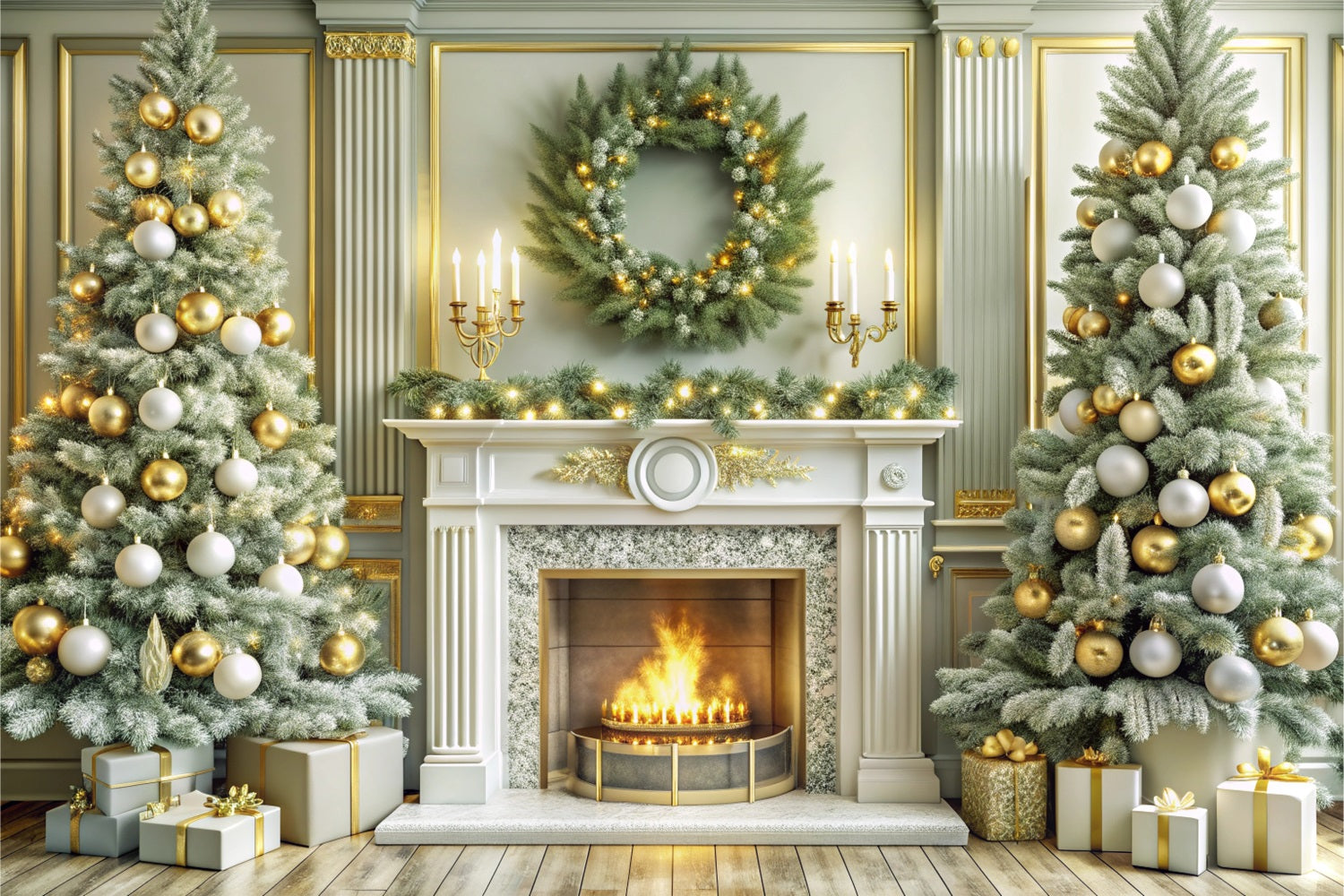 Toile de fond de Noël Cheminée Arbres Dorés Festifs BRP11-214