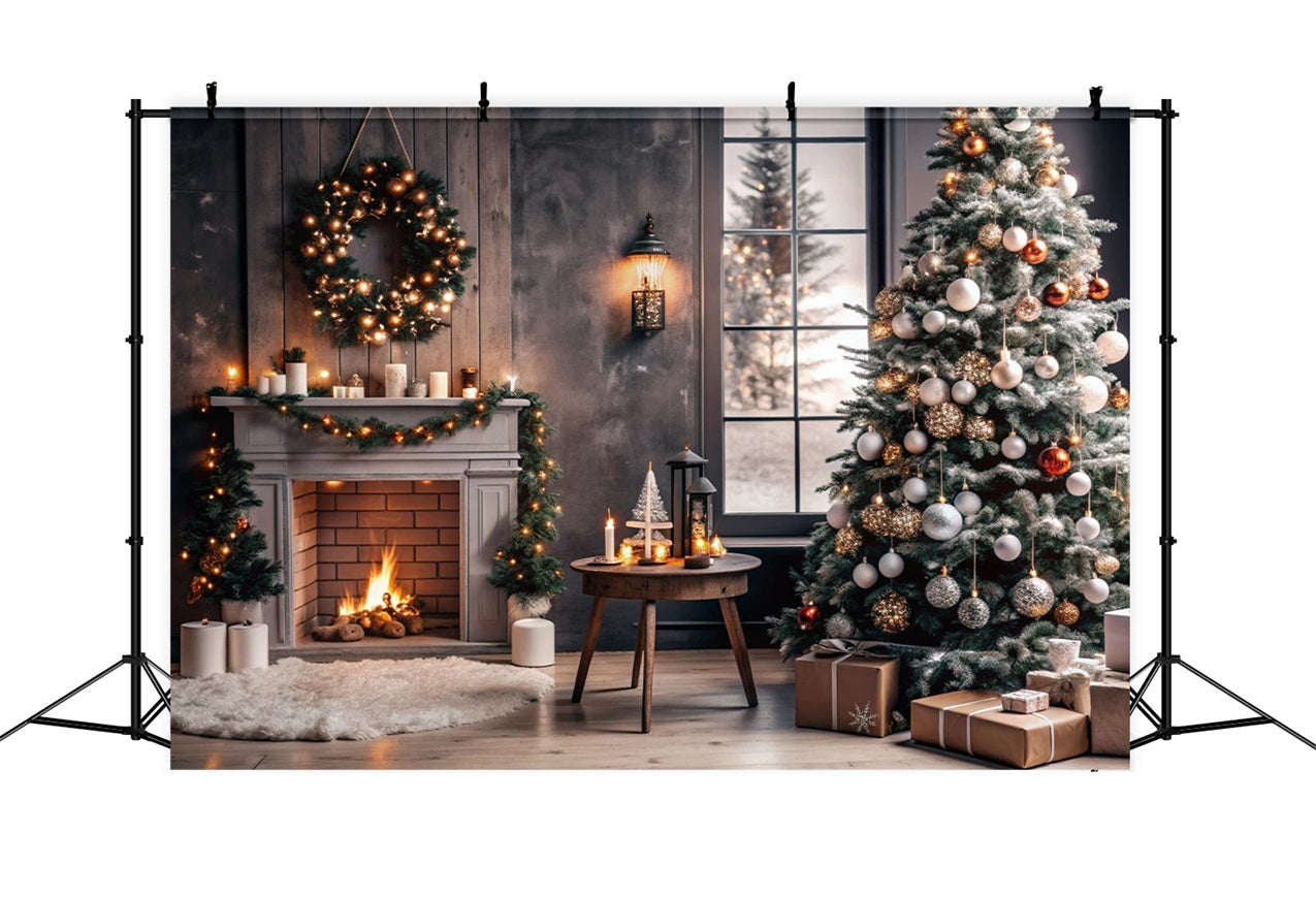 Toile de fond de Noël Cheminée Couronne Festive Arbre BRP11-215