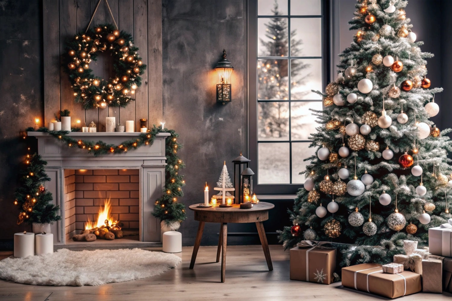 Toile de fond de Noël Cheminée Couronne Festive Arbre BRP11-215