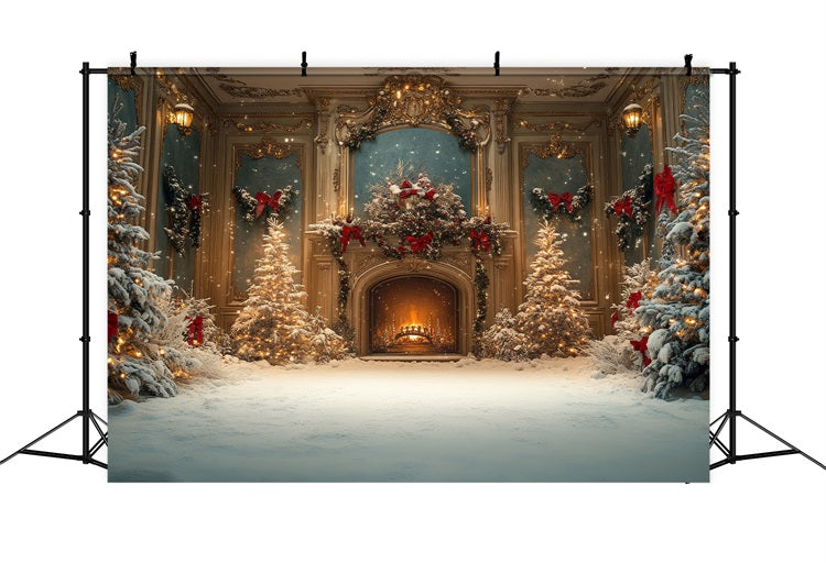 Toile de fond de Noël Cheminée Arbres Enneigés Salle de Bal BRP11-217