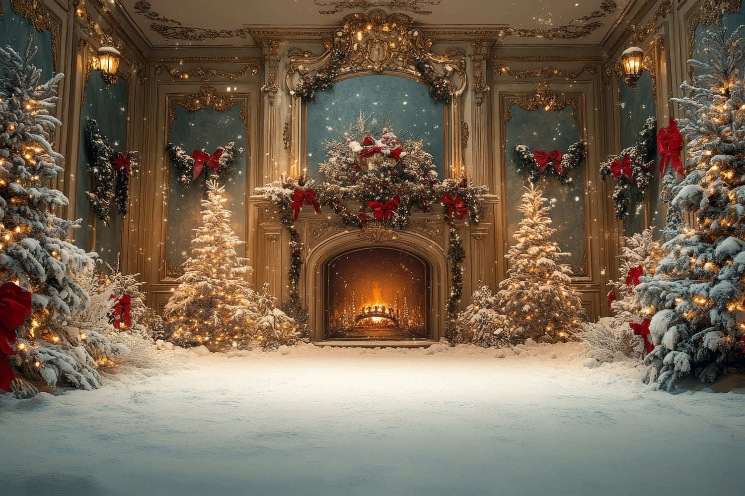 Toile de fond de Noël Cheminée Arbres Enneigés Salle de Bal BRP11-217
