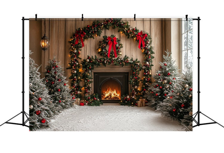 Toile de fond de Noël Cheminée Arche Arbres Enneigés BRP11-218